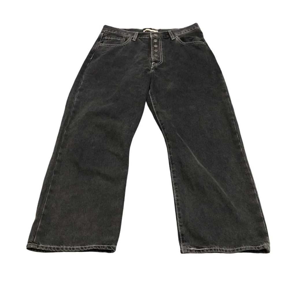 Levi's Ribcage Straight Ankle Jeans Womens 32 Black High Rise Snap Buttons